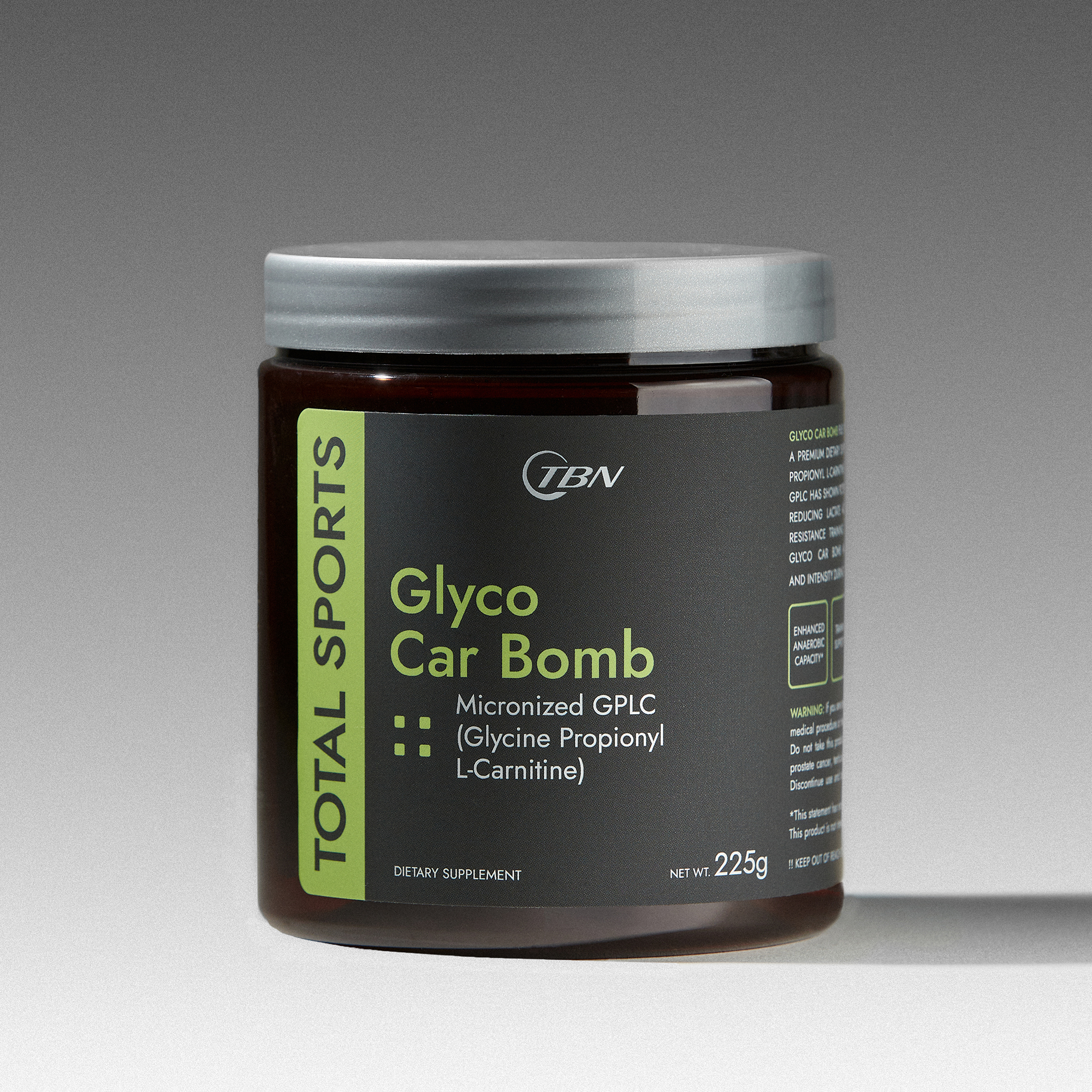 TBN Glyco Car Bomb bottle on grey gradient background